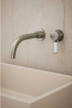 Senska - 2-Hole Basin Mixer - Wall Mounted - White Lever - Brushed Nickel