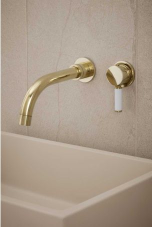 Senska - 2-Hole Basin Mixer - Wall Mounted - White Lever - Polished Brass