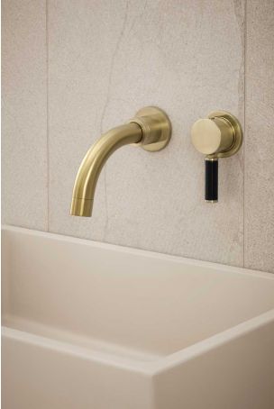 Senska - 2-Hole Basin Mixer - Wall Mounted - Black Lever - Short Spout - Brushed Brass