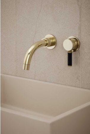 Senska - 2-Hole Basin Mixer - Wall Mounted - Black Lever - Short Spout - Polished Brass