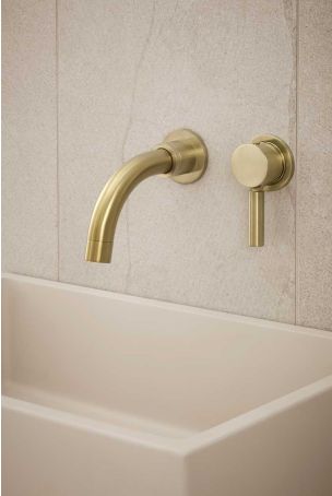 Senska - 2-Hole Basin Mixer - Wall Mounted - Metal Lever - Short Spout - Brushed Brass