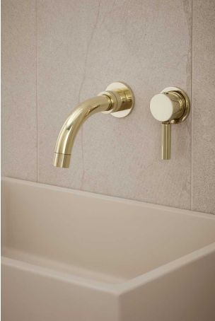 Senska - 2-Hole Basin Mixer - Wall Mounted - Metal Lever - Short Spout - Polished Brass