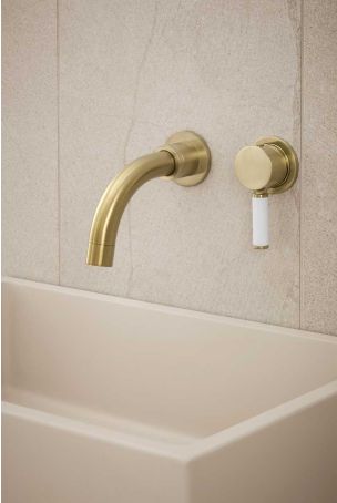 Senska - 2-Hole Basin Mixer - Wall Mounted - White Lever - Short Spout - Brushed Brass