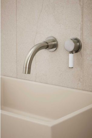 Senska - 2-Hole Basin Mixer - Wall Mounted - White Lever - Short Spout - Brushed Nickel