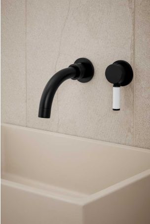 Senska - 2-Hole Basin Mixer - Wall Mounted - White Lever - Short Spout - Matt Black