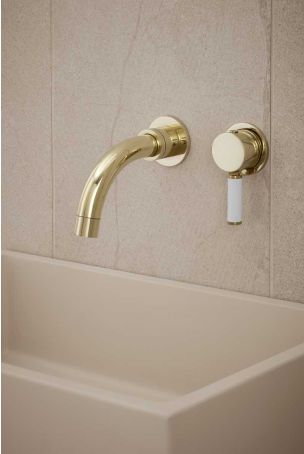 Senska - 2-Hole Basin Mixer - Wall Mounted - White Lever - Short Spout - Polished Brass