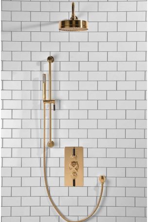 Elbe Dual Outlet Shower Kit - Concealed Valve - Black Ceramic Lever - Handshower Slider-Rail - Polished Brass