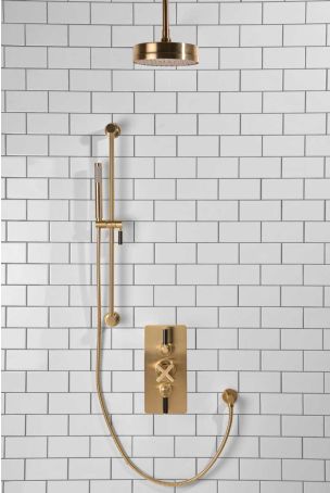 Elbe Dual Outlet Shower Kit - Concealed Valve - Black Ceramic Lever - Handshower Slider-Rail - Ceiling Mounted Rose - Brushed Brass