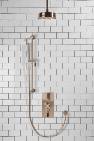 Elbe Dual Outlet Shower Kit - Concealed Valve - Black Ceramic Lever - Handshower Slider-Rail - Ceiling Mounted Rose - Brushed Nickel