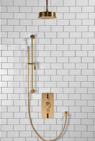 Elbe Dual Outlet Shower Kit - Concealed Valve - Black Ceramic Lever - Handshower Slider-Rail - Ceiling Mounted Rose - Polished Brass