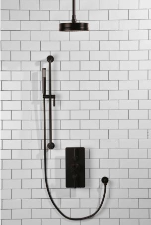 Elbe Dual Outlet Shower Kit - Concealed Valve - Matt Black Lever - Handshower Slider-Rail - Ceiling Mounted Rose - Matt Black