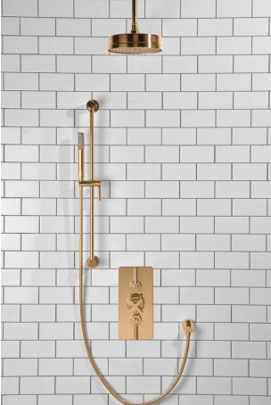 Elbe Dual Outlet Shower Kit - Concealed Valve - Polished Brass Lever - Handshower Slider-Rail - Ceiling Mounted Rose - Polished Brass