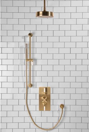 Elbe Dual Outlet Shower Kit - Concealed Valve - White Ceramic Lever - Handshower Slider-Rail - Ceiling Mounted Rose - Brushed Brass