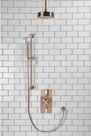 Elbe Dual Outlet Shower Kit - Concealed Valve - White Ceramic Lever - Handshower Slider-Rail - Ceiling Mounted Rose - Brushed Nickel