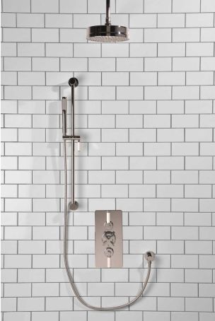 Elbe Dual Outlet Shower Kit - Concealed Valve - White Ceramic Lever - Handshower Slider-Rail - Ceiling Mounted Rose - Chrome Finish