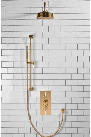 Elbe Dual Outlet Shower Kit - Concealed Valve - White Ceramic Lever - Handshower Slider-Rail - Polished Brass