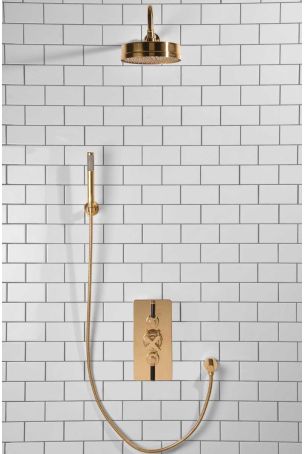 Elbe Dual Outlet Shower Kit - Concealed Valve - Black Ceramic Lever - Handshower Hook - Polished Brass