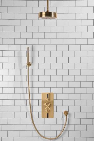 Elbe Dual Outlet Shower Kit - Concealed Valve - Black Ceramic Lever - Handshower Hook - Ceiling Mounted Rose - Brushed Brass