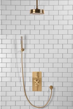 Elbe Dual Outlet Shower Kit - Concealed Valve - Brushed Brass Lever - Handshower Hook - Ceiling Mounted Rose - Brushed Brass