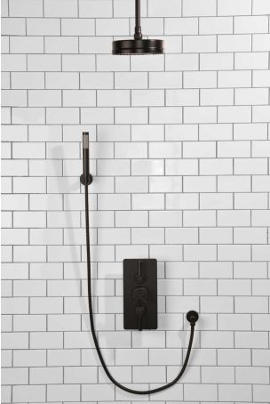 Elbe Dual Outlet Shower Kit - Concealed Valve - Matt Black Lever - Handshower Hook - Ceiling Mounted Rose - Matt Black