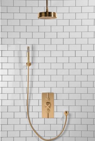 Elbe Dual Outlet Shower Kit - Concealed Valve - Polished Brass Lever - Handshower Hook - Ceiling Mounted Rose - Polished Brass