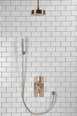 Elbe Dual Outlet Shower Kit - Concealed Valve - White Ceramic Lever - Handshower Hook - Ceiling Mounted Rose - Brushed Nickel