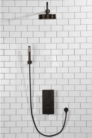 Elbe Dual Outlet Shower Kit - Concealed Valve - Matt Black Lever - Handshower Hook - Matt Black