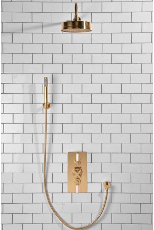 Elbe Dual Outlet Shower Kit - Concealed Valve - White Ceramic Lever - Handshower Hook - Polished Brass