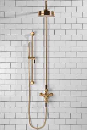 Elbe Dual Outlet Shower Kit - Exposed Valve - Black Ceramic Lever - Handshower Slider-Rail - Brushed Brass