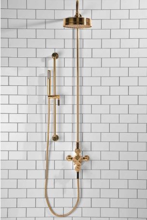 Elbe Dual Outlet Shower Kit - Exposed Valve - Black Ceramic Lever - Handshower Slider-Rail - Polished Brass