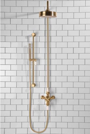 Elbe Dual Outlet Shower Kit - Exposed Valve - White Ceramic Lever - Handshower Slider-Rail - Brushed Brass