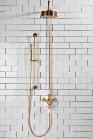 Elbe Dual Outlet Shower Kit - Exposed Valve - White Ceramic Lever - Handshower Slider-Rail - Polished Brass