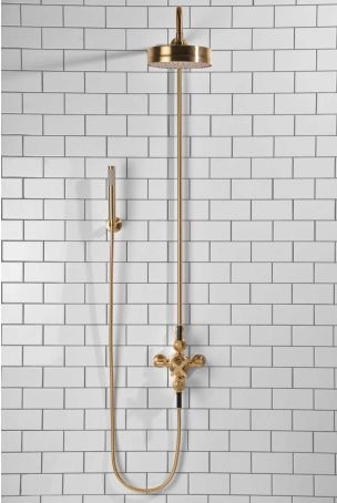 Elbe Dual Outlet Shower Kit - Exposed Valve - Black Ceramic Lever - Handshower Hook - Brushed Brass