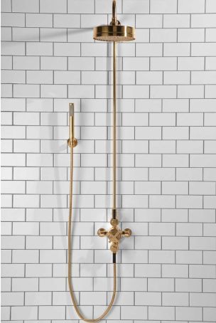 Elbe Dual Outlet Shower Kit - Exposed Valve - Black Ceramic Lever - Handshower Hook - Polished Brass