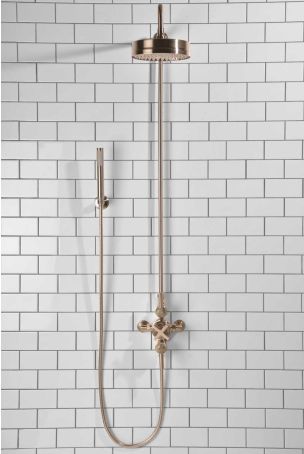 Elbe Dual Outlet Shower Kit - Exposed Valve - Brushed Nickel Lever - Handshower Hook - Brushed Nickel