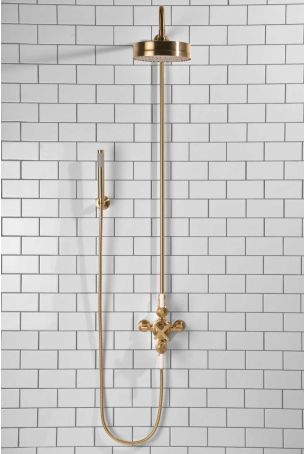 Elbe Dual Outlet Shower Kit - Exposed Valve - White Ceramic Lever - Handshower Hook - Brushed Brass