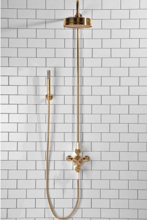 Elbe Dual Outlet Shower Kit - Exposed Valve - White Ceramic Lever - Handshower Hook - Polished Brass