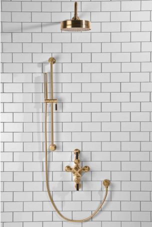 Elbe Dual Outlet Shower Kit - Semi-Exposed Valve - Black Ceramic Lever - Handshower Slider-Rail - Brushed Brass