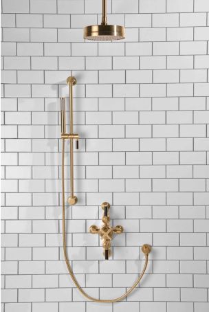 Elbe Dual Outlet Shower Kit - Semi-Exposed Valve - Black Ceramic Lever - Handshower Slider-Rail - Ceiling Mounted Rose - Brushed Brass