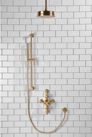 Elbe Dual Outlet Shower Kit - Semi-Exposed Valve - Brushed Brass Lever - Handshower Slider-Rail - Ceiling Mounted Rose - Brushed Brass