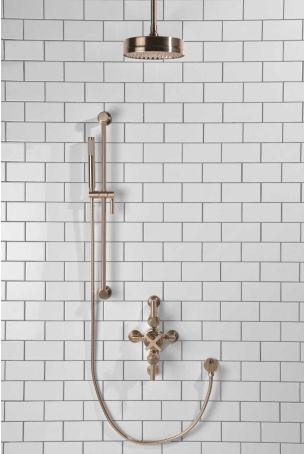 Elbe Dual Outlet Shower Kit - Semi-Exposed Valve - Brushed Nickel Lever - Handshower Slider-Rail - Ceiling Mounted Rose - Brushed Nickel