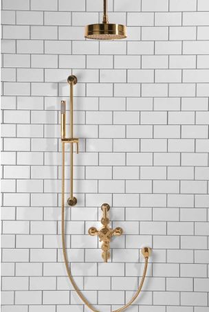 Elbe Dual Outlet Shower Kit - Semi-Exposed Valve - Polished Brass Lever - Handshower Slider-Rail - Ceiling Mounted Rose - Polished Brass