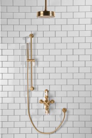 Elbe Dual Outlet Shower Kit - Semi-Exposed Valve - White Ceramic Lever - Handshower Slider-Rail - Ceiling Mounted Rose - Brushed Brass