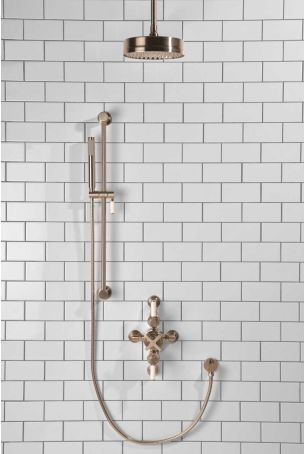Elbe Dual Outlet Shower Kit - Semi-Exposed Valve - White Ceramic Lever - Handshower Slider-Rail - Ceiling Mounted Rose - Brushed Nickel
