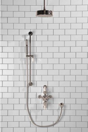 Elbe Dual Outlet Shower Kit - Semi-Exposed Valve - White Ceramic Lever - Handshower Slider-Rail - Ceiling Mounted Rose - Chrome Finish