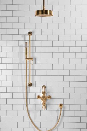 Elbe Dual Outlet Shower Kit - Semi-Exposed Valve - White Ceramic Lever - Handshower Slider-Rail - Ceiling Mounted Rose - Polished Brass