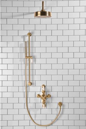 Elbe Dual Outlet Shower Kit - Semi-Exposed Valve - White Ceramic Lever - Handshower Slider-Rail - Brushed Brass