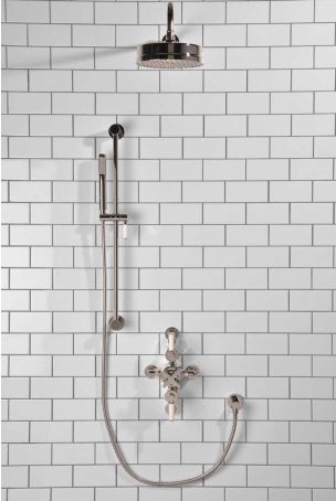 Elbe Dual Outlet Shower Kit - Semi-Exposed Valve - White Ceramic Lever - Handshower Slider-Rail - Chrome Finish