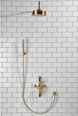 Elbe Dual Outlet Shower Kit - Semi-Exposed Valve - Black Ceramic Lever - Handshower Hook - Brushed Brass