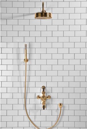 Elbe Dual Outlet Shower Kit - Semi-Exposed Valve - Black Ceramic Lever - Handshower Hook - Polished Brass